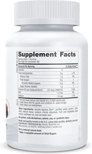 Nordic Naturals Vitamina D3 pentru Întărirea Imunității și Sănătatea Oaselor 1000iu 1.4mg Fructe de Pădure 2gr 60 Gummies
