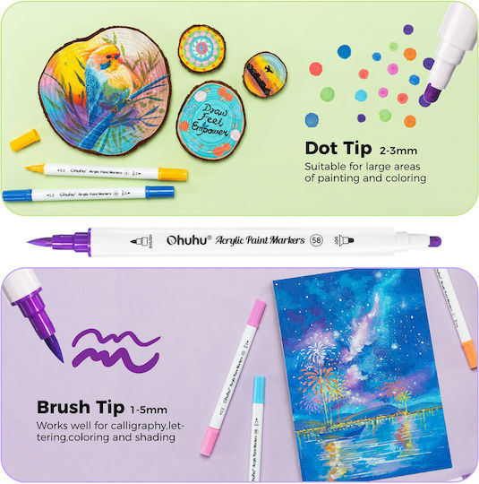 Ohuhu Acrylic Cotton-Core Basic Colors Drawing Markers Acrylic Fine & Dot Set 36 Colours