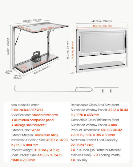 Vevor Concession Πτυσσόμενο Ράφι Παραθύρου 1220x915mm Παράθυρο Σέρβις Κράμα Αλουμινίου Φορτηγό Τροφίμων Έως 85 Μοίρες Τέντα Πόρτας Γάντζο Έλξης Ανθεκτικό Στο Νερό Βροχής