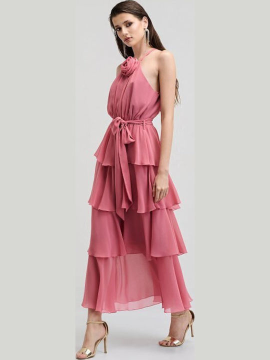 Sommer Midi Damenkleid für Hochzeit - Taufe Off-Shoulder Rosa