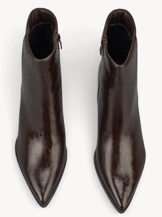 Braune Lackleder Mütze Stiefeletten mit gebogener Kitten Heel