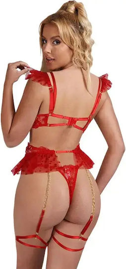 Дантелен Секси Комплект Сутиен Жартиери И Бельо L XL Червен