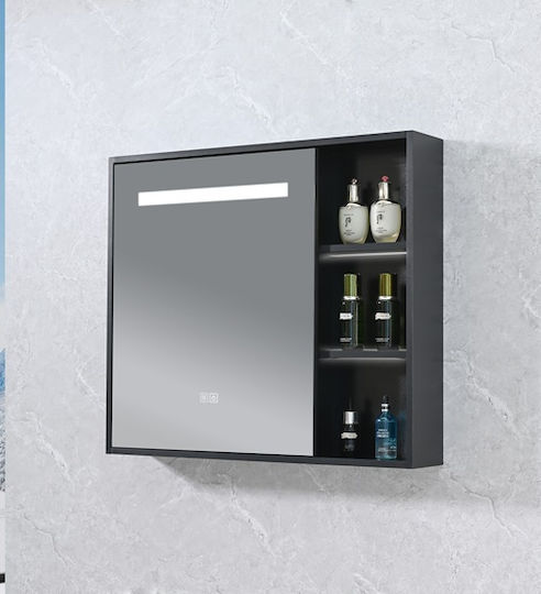 Phoebe Rectangular Bathroom Mirror Led Touch with Shelf and Cabinet 80x70cm Black