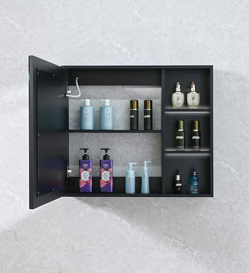 Phoebe Rectangular Bathroom Mirror Led Touch with Shelf and Cabinet 80x70cm Black