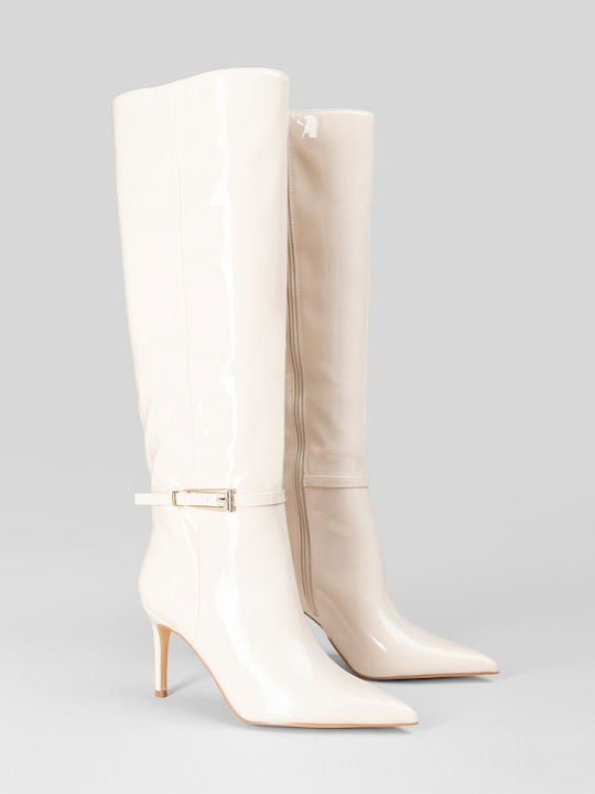 Damenstiefel aus Lackleder mit Hochabsatz Beige