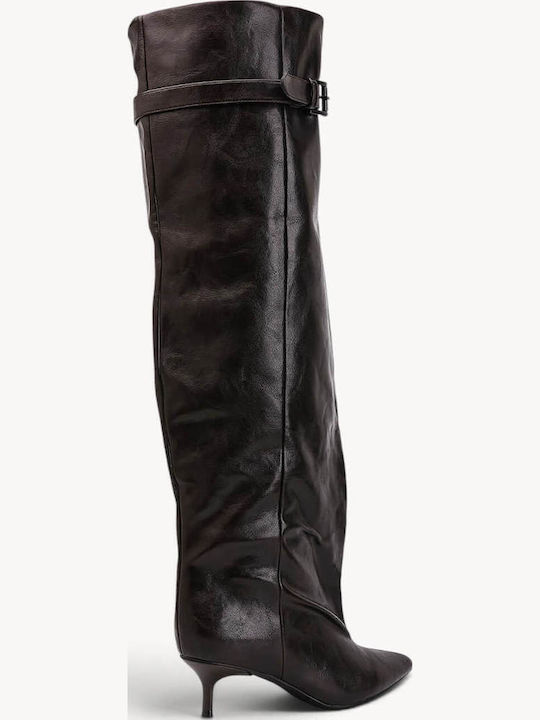 Braune Damenstiefel mit Gürtel am Körper Über dem Knie verlängerte Silhouette
