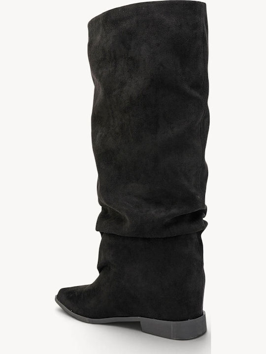 Schwarze Wildleder Damenstiefel Lockerer Korpus Weiche Falten