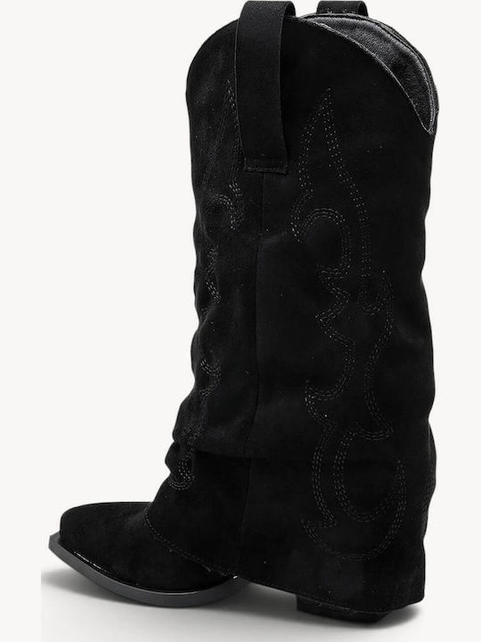 Cizme Negre de catifea cu Toc Cowboy Acoperit
