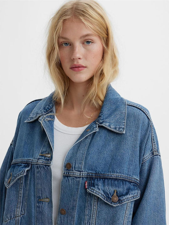 Trucker Μακρύ Γυναικείο Τζιν Μπουφάν Med Indigo Blue