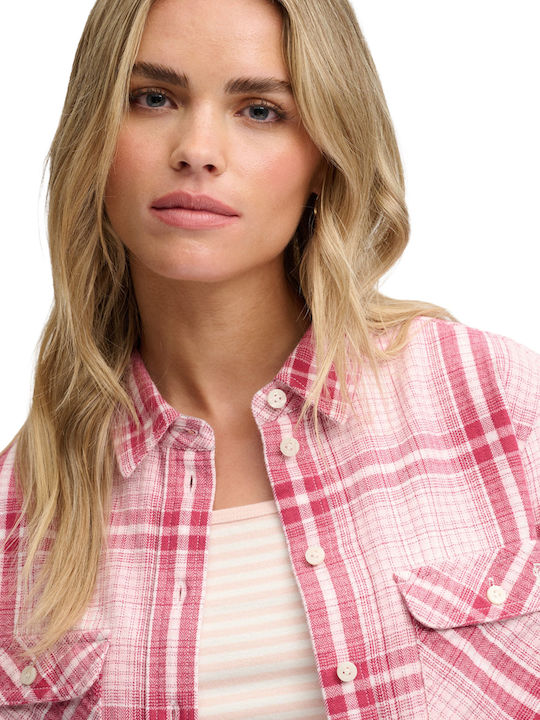 Lumberjack Flannel Long Sleeve Women's Shirt Pink White Check Checked