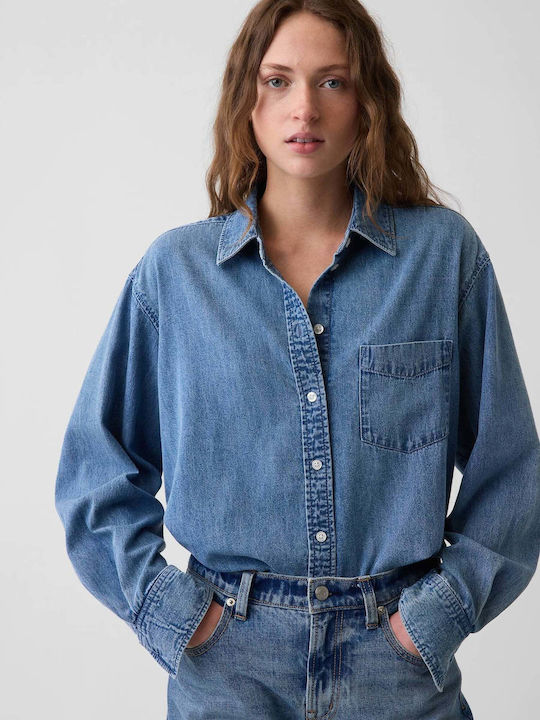 Cămașă de damă din denim cu mânecă lungă Medium Wash