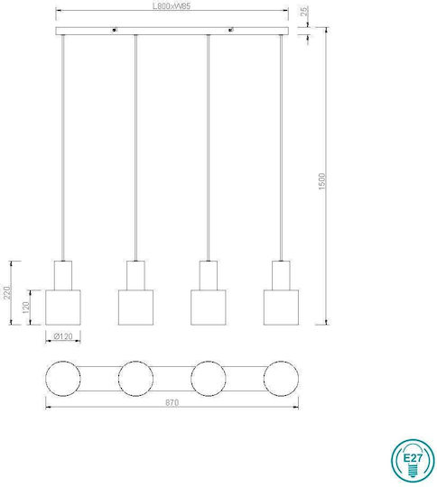Trio Lighting Hängelampe Schwarz Schiene für 4 Lampen E27 87x12x150cm.