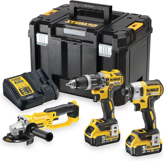 DEWALT DCK327P2T Комплект Ъглошлайф Ударен Винтоверт и Перфоратор Безчетков 18V с 2 Батерии 5Ah и Куфар със Зарядно Устройство