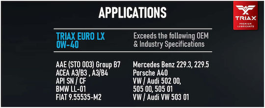 Ulei De Motor Full Sintetic Triax Euro Lx 0w-40 Benzină Bmw Ll-01 Mb 229.5 4.73 L