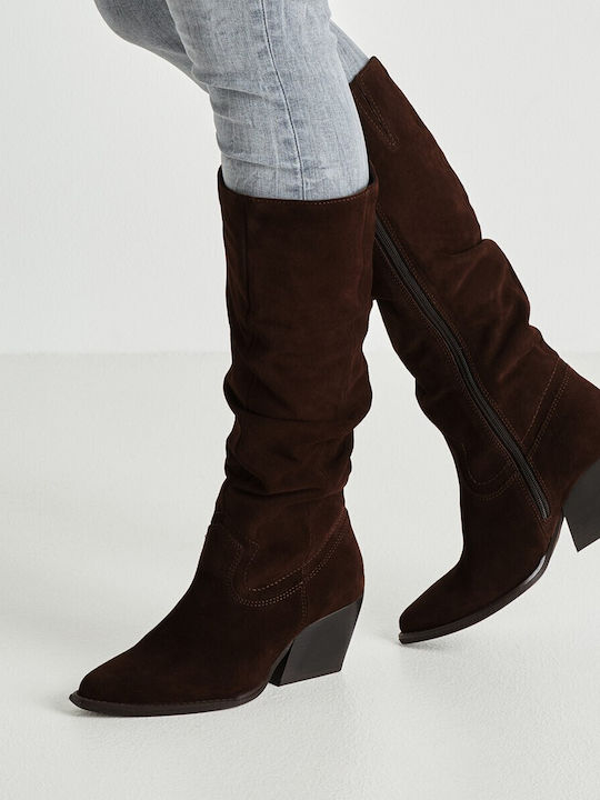 Damenstiefel aus Leder mit Mittelhohem Absatz Braun