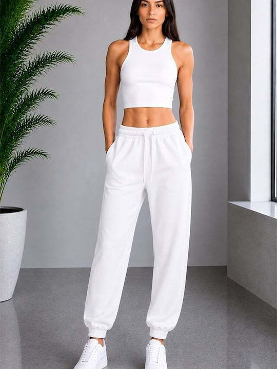 Pantaloni de trening cu talie înaltă cu elastic White