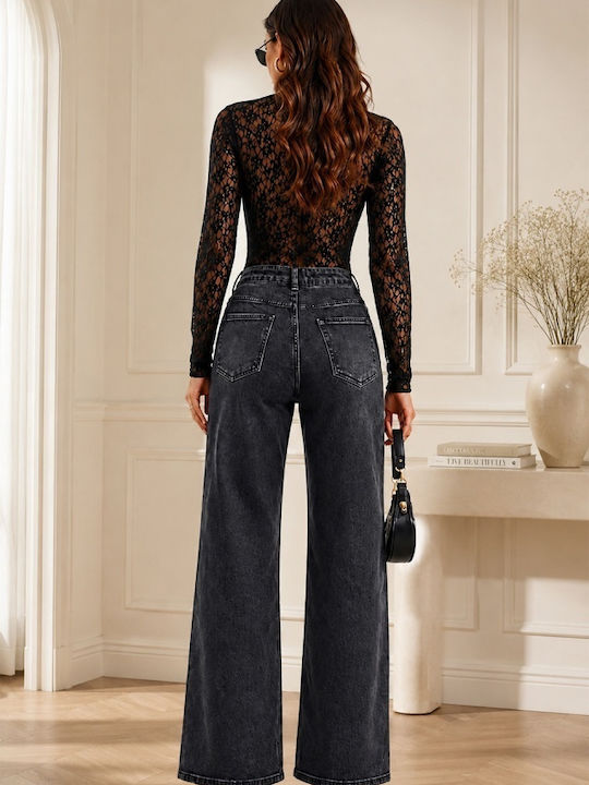 Pantaloni Jean Dama Cu Talie Inalta Croiala Wide Negru