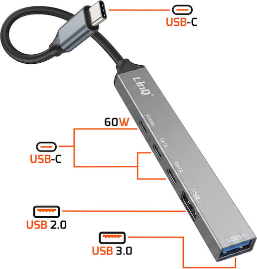 LinQ Hub 5 Θυρών USB 3.0 με σύνδεση USB-C Γκρι