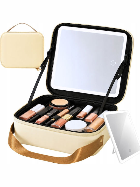 Geantă Textilă De Călătorie Pentru Cosmetice Tecos Dimensiuni 26x23x11 Cm Oglindă De Machiaj Iluminată Tehnologie Led Fermoar Dublu Buzunare Multiple Aurie