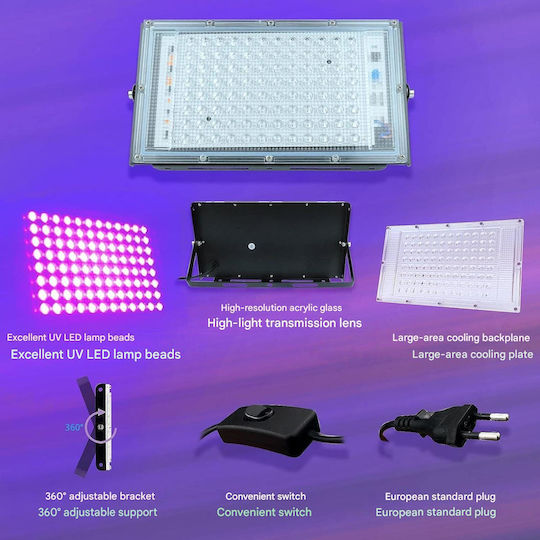 Glostars Proiector UV LED 100W IP66 395-400 Nm Lumină Neagră 395–400 Nm IP66 Rezistent la Apă 96 LED Unghi 180° Carcasă din Aluminiu Întrerupător + Cablu de 1.5 M Suport Reglabil 360° Petreceri Bar Club Halloween Scenă