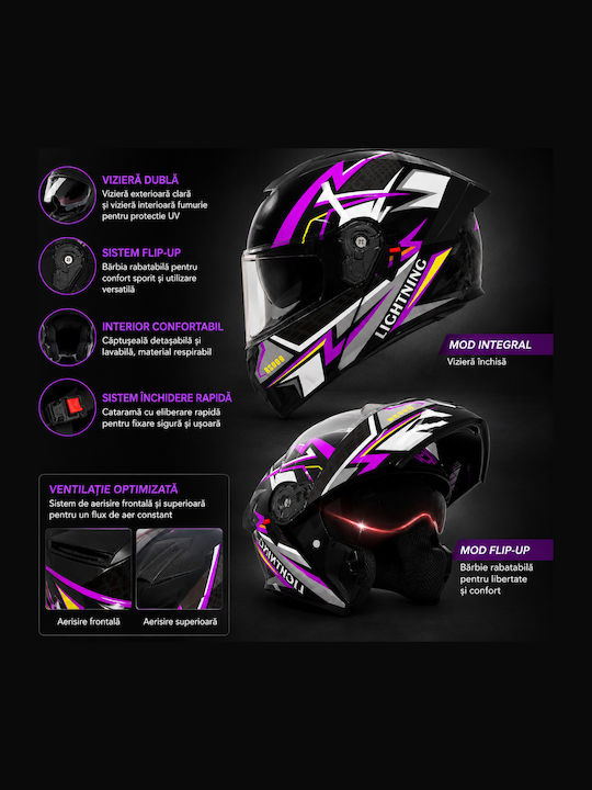 FIXATO Viper Lila Motorradhelm Aufklappbar ECE 22.06 mit Sonnenblende