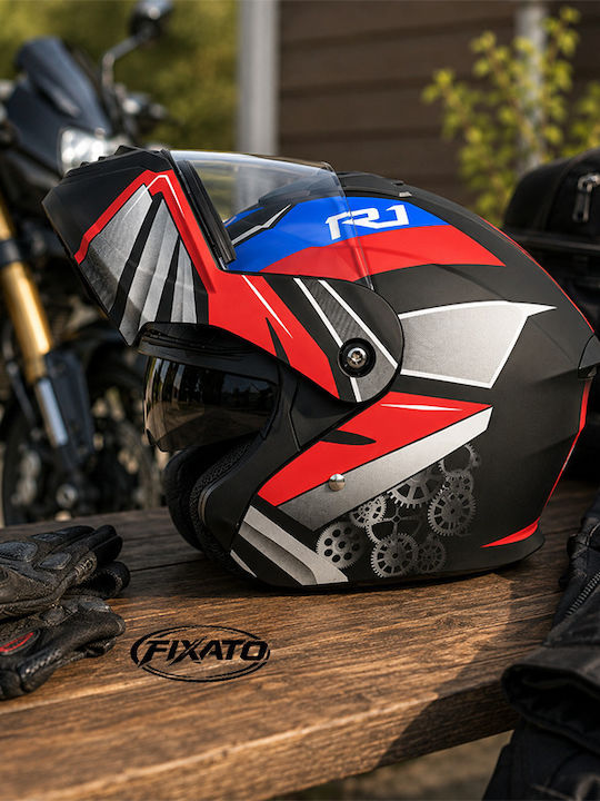 FIXATO Nova Red Motorcycle Helmet Flip-Up ECE 22.06 with Sun Visor