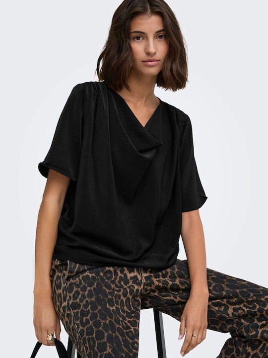 Damen Bluse Kurzärmelig Drapierung Schwarz