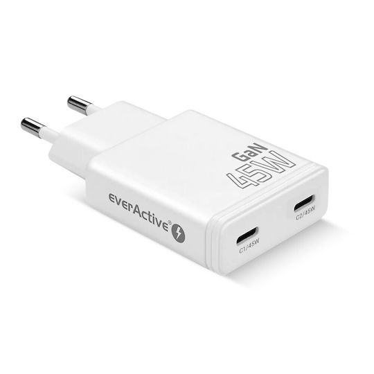 EverActive Φορτιστής με Ενσωματωμένο Καλώδιο GaN με Θύρα USB-C 45W Power Delivery / Quick Charge 3.0 / Quick Charge 4+ Λευκός (SC-465Q)