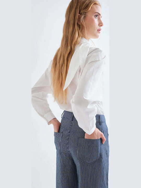 Pantaloni Dama Cu Talie Înaltă Din Țesătură În Croială Regulară White-blue