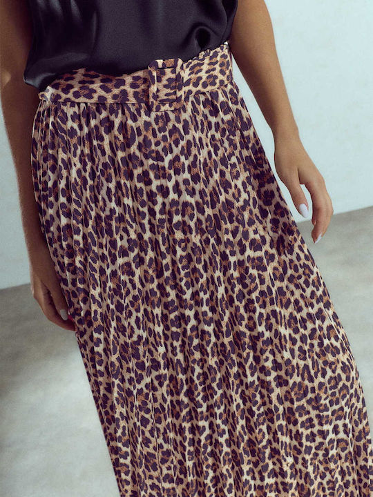 Celestino Fustă Pentru Femei Plisată Leopard Loose Fit Maro