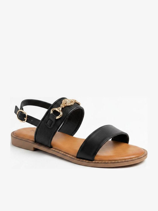Damen Flache Leder Sandalen Schwarz
