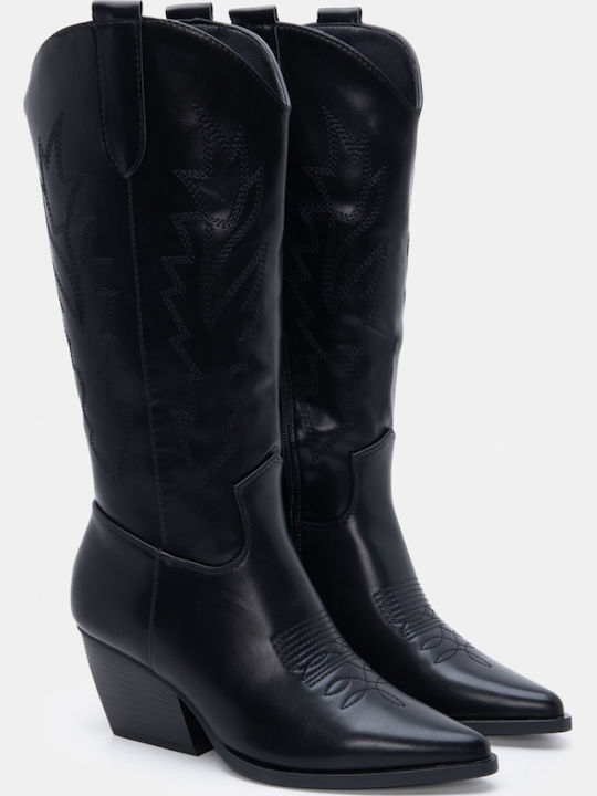 Suede Women's Boots Cowboy with Mid Heel Black