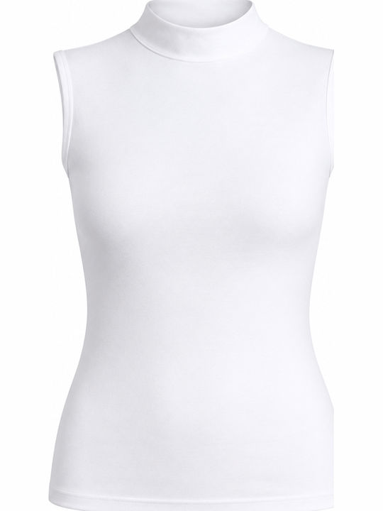 Sleeveless Cotton White Women's T-Shirt Turtleneck