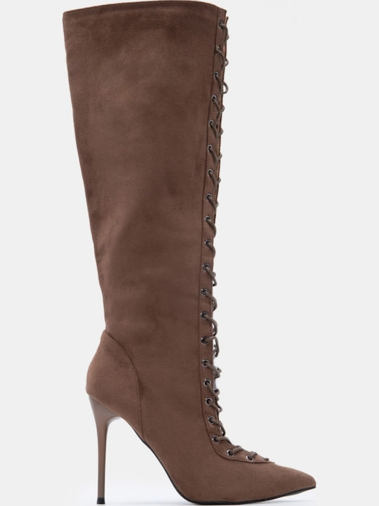 Wildleder Damenstiefel mit Hohem Absatz Beiges