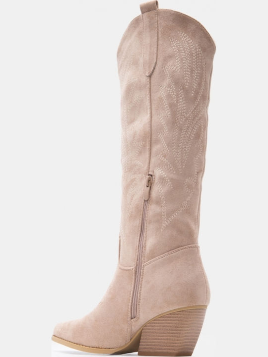 Suede Women's Cowboy Boots with Mid Heel Beige