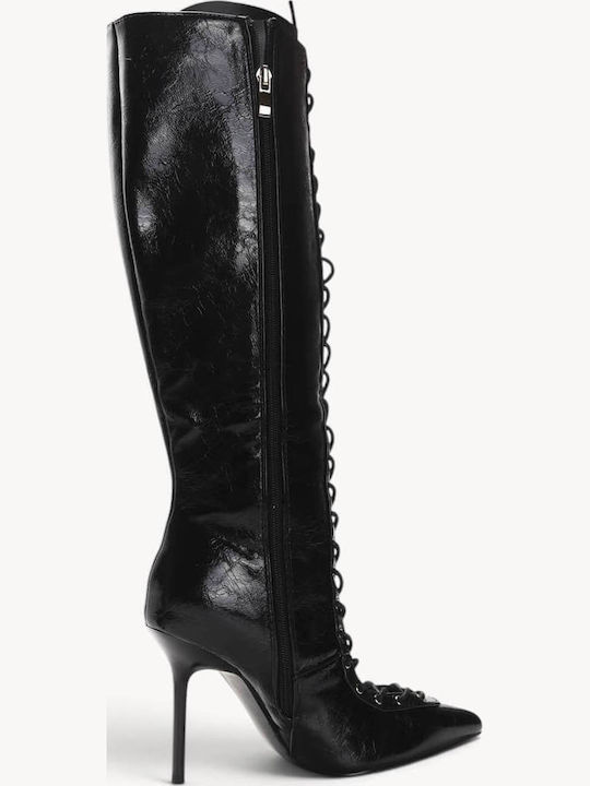Schwarze Damenstiefel Mit Schnürung Vorne Stiletto Absatz