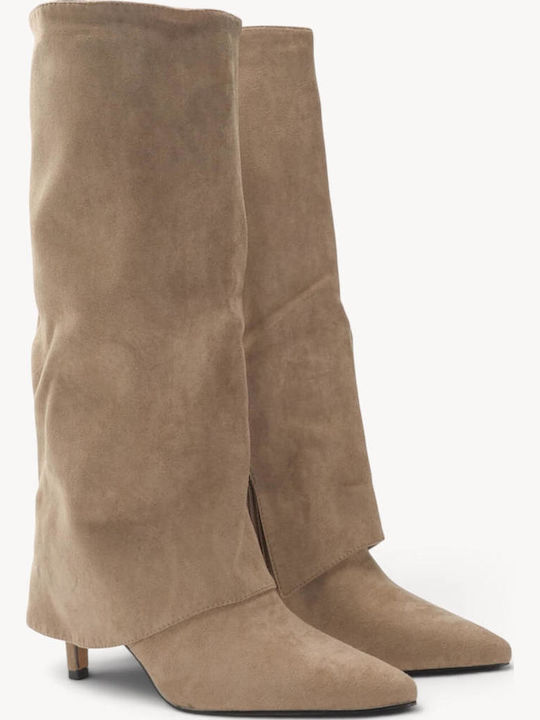 Μπεζ Suede Μπότες Minimal Cape Design Κ Kitten Heel
