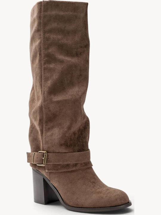 Beige Wildleder Damenstiefel mit Riemen Hochblockabsatz