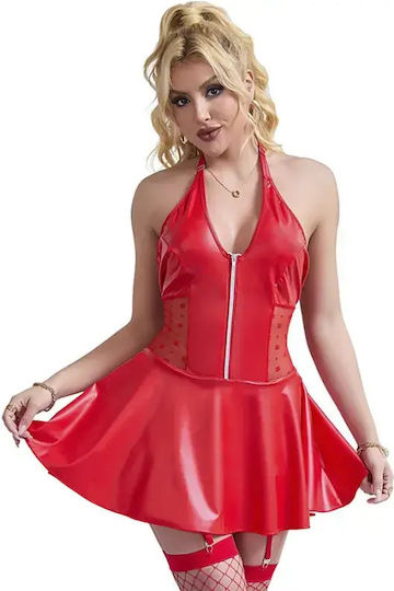 Wet Look и Дантелен Секси Комплект с Жартиери L XL Червен