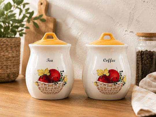 Kitchen Set 2 Pieces Jars for Coffee / Tea with Lid from Porcelain Brown 12x13cm 2 Pieces