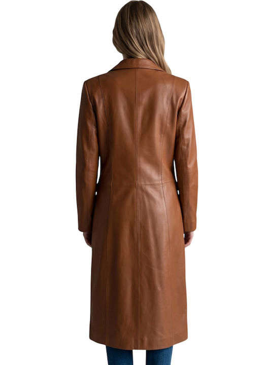 Leder Damenmäntel Tabac mit Knöpfen
