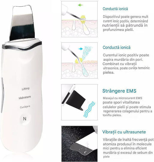 Arvada Skin Pro Spatulă Ultrasonică Profesională Pentru Curățarea Feței Exfoliere Îndepărtarea Punctelor Negre și a Sebumului 3 Moduri Inteligente Reîncărcabilă Usb Pentru Toate Tipurile De Ten Alb