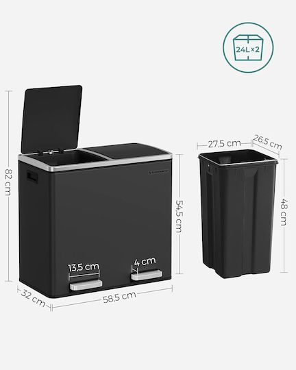 Songmics Coș de Reciclare din Oțel Inoxidabil cu Pedală 48lt Negru