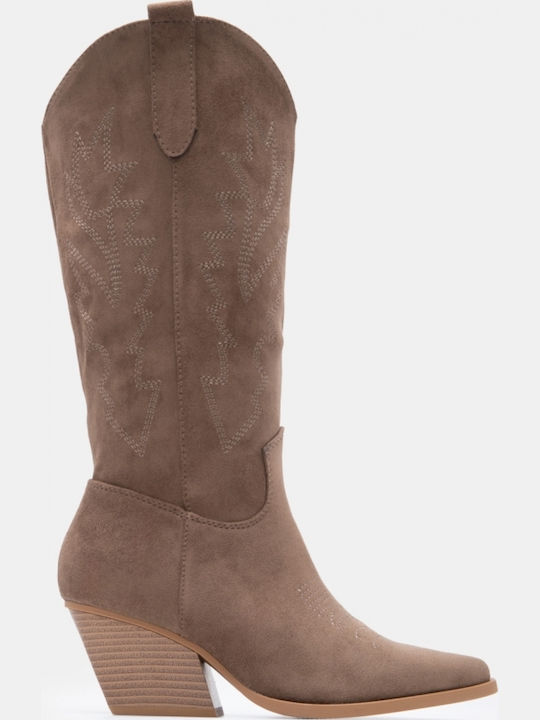 Damenstiefel Cowboy mit Wildleder Über dem Knie mit Absatzhöhe Mittelbraun