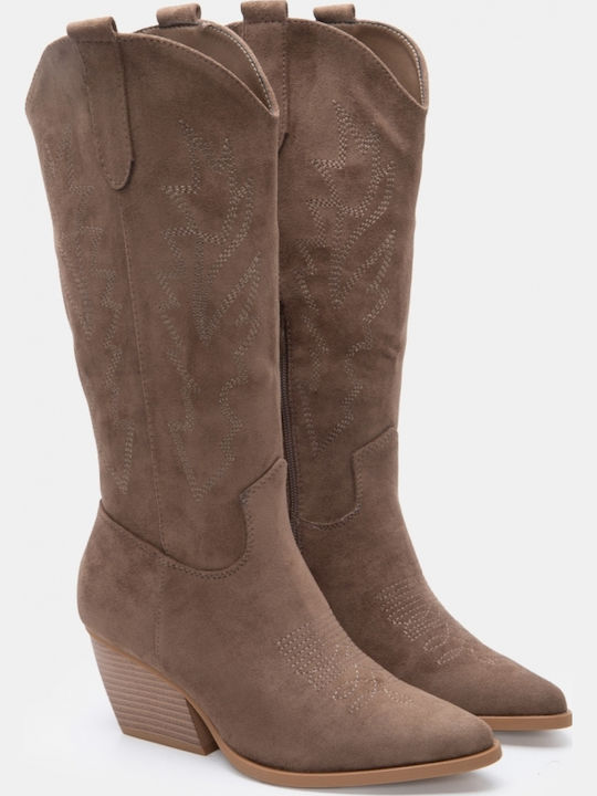 Damenstiefel Cowboy mit Wildleder Über dem Knie mit Absatzhöhe Mittelbraun