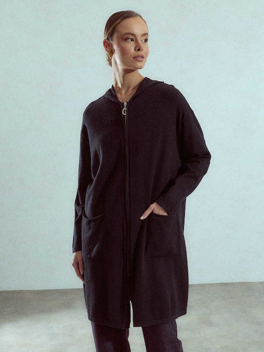 Celestino Cardigan Pentru Femei Lung Cu Glugă Loose Fit Negru