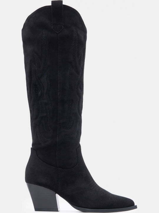 Suede Women's Cowboy Boots with Mid Heel Black