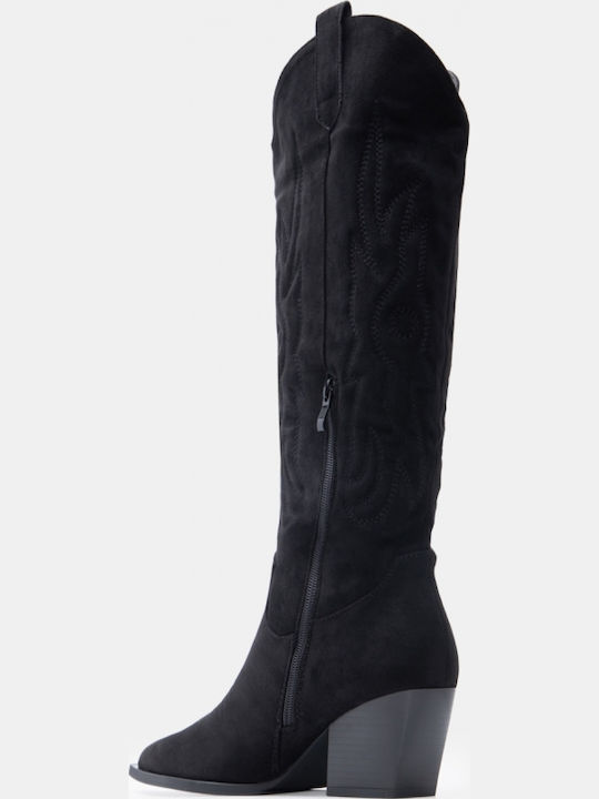 Suede Women's Cowboy Boots with Mid Heel Black