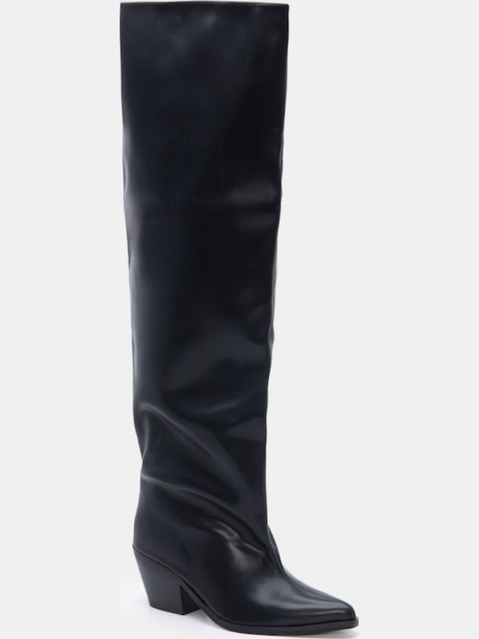 Wildleder Damenstiefel Cowboy mit Mittelhohem Absatz Schwarz