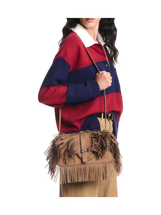 Geantă Dama de Umăr / Crossbody Din Piele Întoarsă Cu Franjuri Maro
